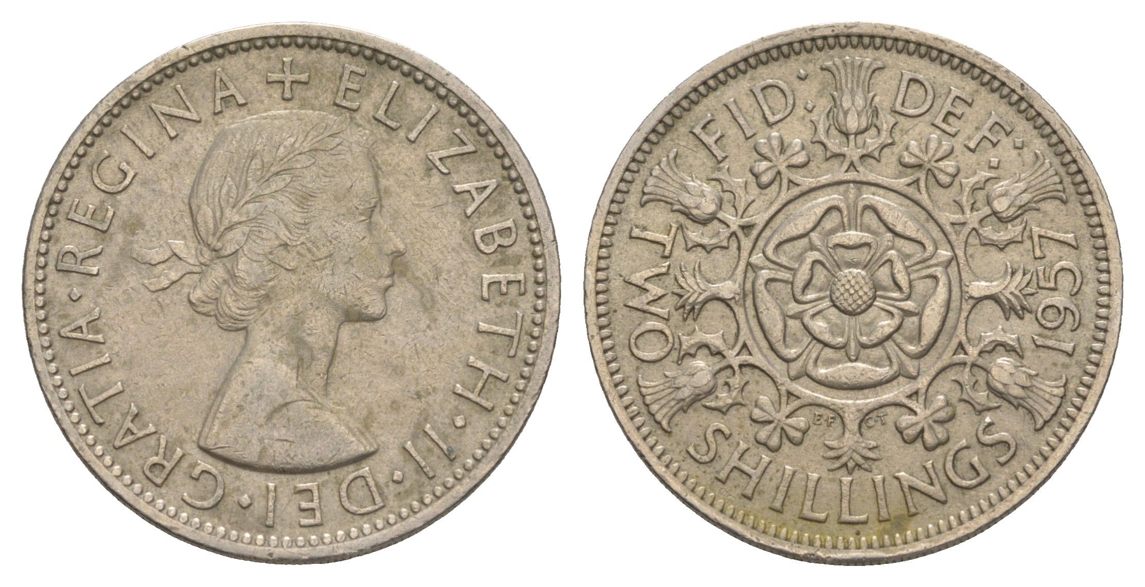 Великобритания 2 шиллинга (флорин) 1957 Елизавета II (1952-2022) KM 906, Spink 4146 медно-никель 4153-1224