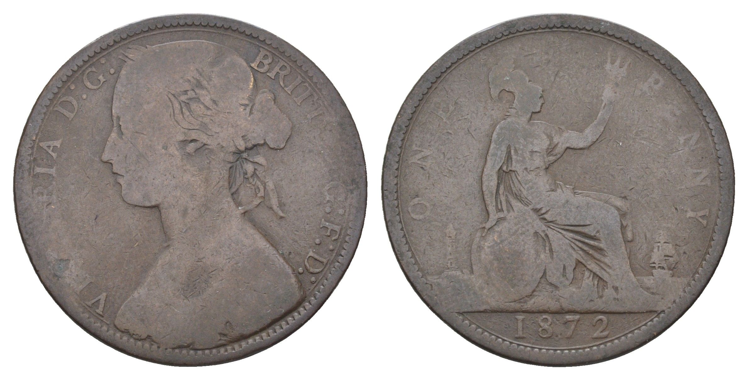 Великобритания 1 пенни 1872 Виктория (1837-1901) KM 749.2, Spink 3954 бронза 4661-341