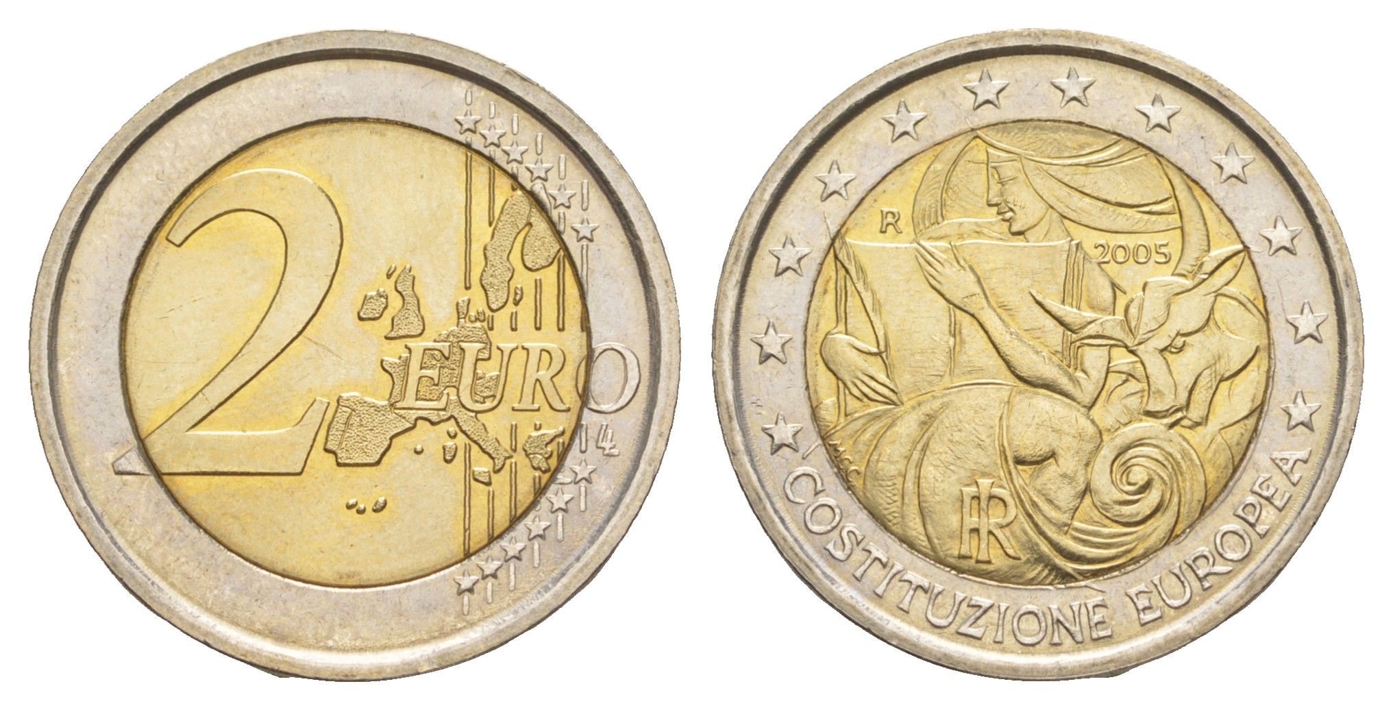 Италия 2 евро 2005 1 год с момента подписания европейской Конституции KM 245 биметалл UNC 4648-937