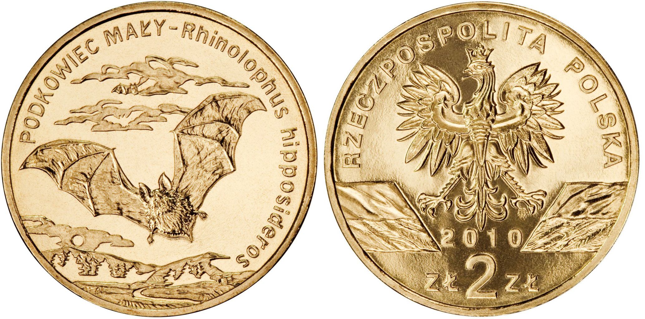Польша 2 злотых 2010 MW, серия всемирная природа, подковоносная летучая мышь KM 723 нордик UNC 4511-244