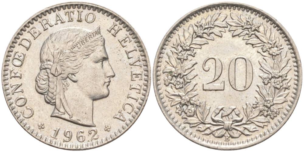 Швейцария 20 раппенов 1962 В KM 29a медно-никель 55-817