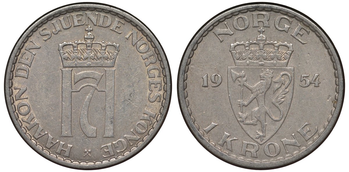 Норвегия 1 крона 1954 Хокон VII (1905-1957) KM 397 медно-никель 4128-1214