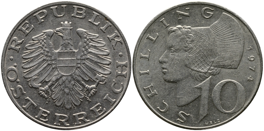 АВСТРИЯ 10 ШИЛЛИНГОВ 1974 KM 2918 никель плакированный медно-никелем 33-642