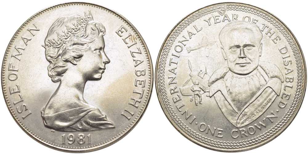 Остров Мэн 1 крона 1981 Международный год инвалидов, Сэр Дуглас Бейдер, самолеты KM 79 медно-никель UNC 107-614