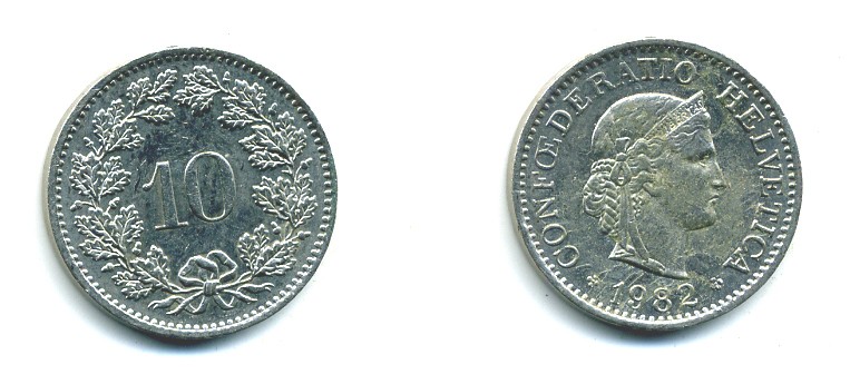 ШВЕЙЦАРИЯ 10 РАППЕНОВ 1982 KM 27 медно-никель 29-846