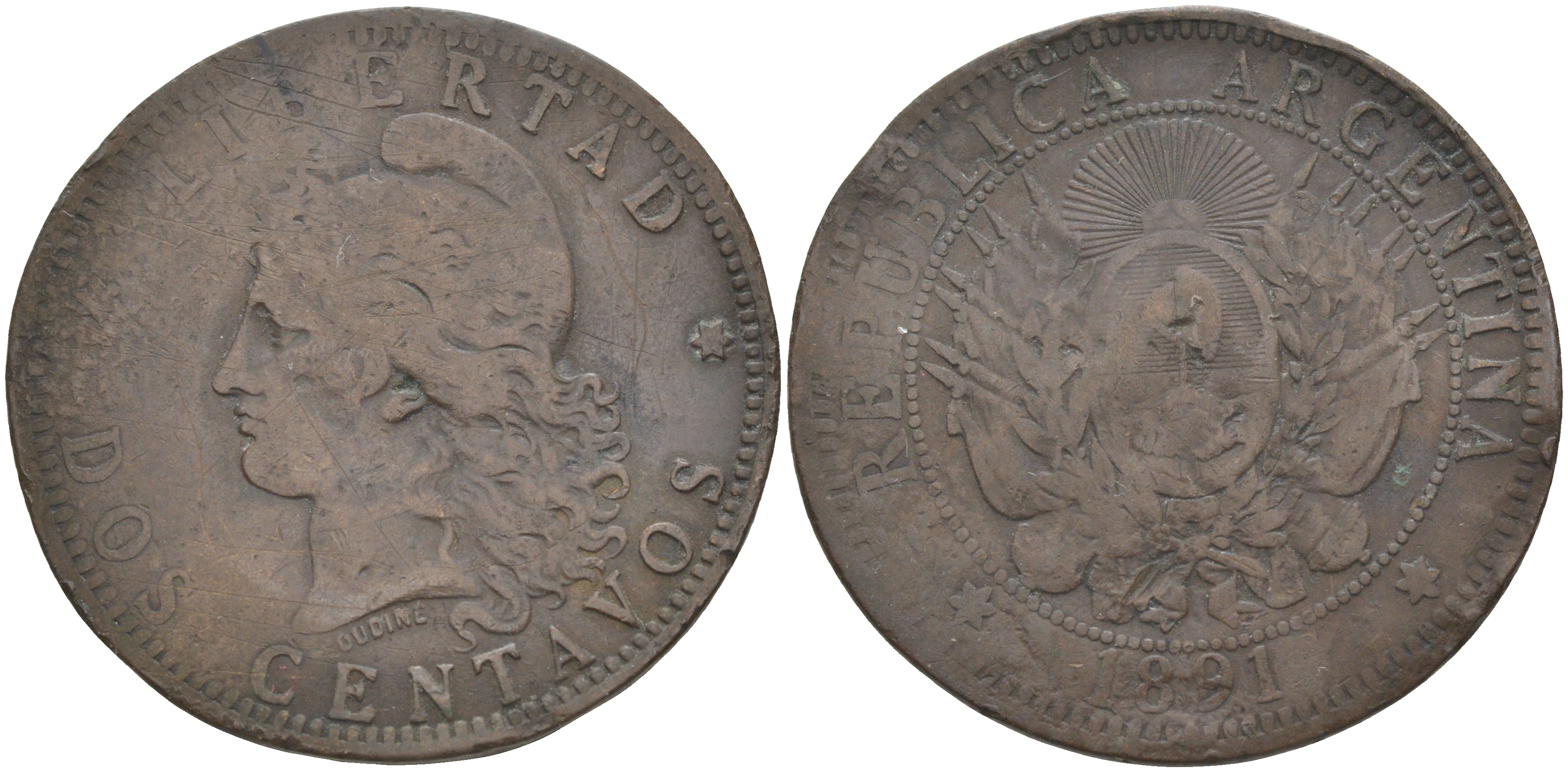 Аргентина 2 сентаво 1891 голова свободы влево KM 8 бронза 63-515