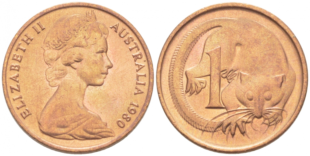 АВСТРАЛИЯ 1 ЦЕНТ 1980 ЕЛИЗАВЕТА II, МОЛОДОЙ ПОРТРЕТ, ОПОССУМ КМ 62 бронза UNC 3955-458