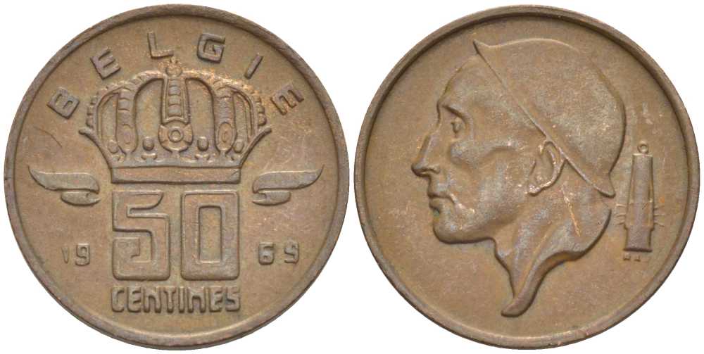 Бельгия 50 сантимов 1969 Belgie, Бодуэн I (1951-1993) KM 149.1 бронза 3458-116