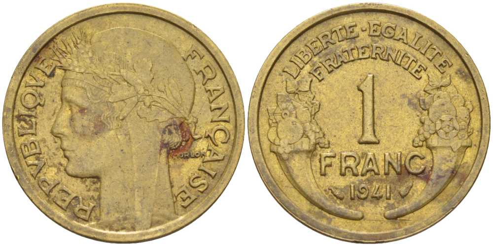 ФРАНЦИЯ 1 ФРАНК 1941 ТИП MORLON KM 885, LE FRANC 219.12 алюминиевая бронза 175-436