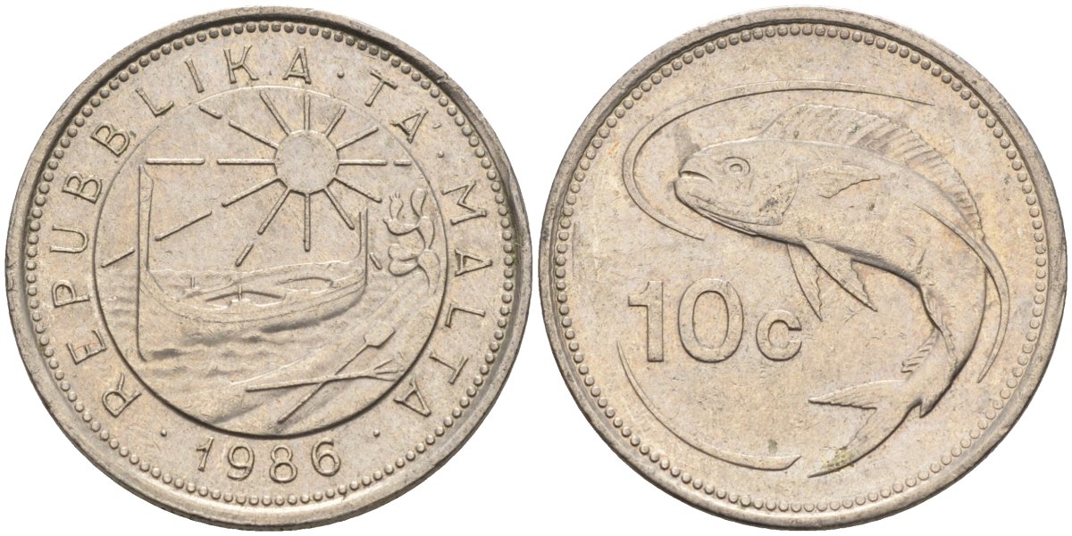 Мальта 10 центов 1986 золотая макрель KM 76 медно-никель 4588-145