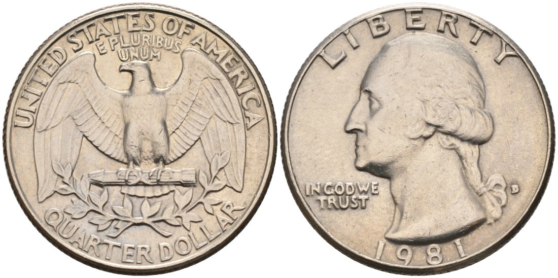 США 25 центов = квотер 1981 D, Вашингтон KM A164a медь плакированная медно-никелем 92-1225