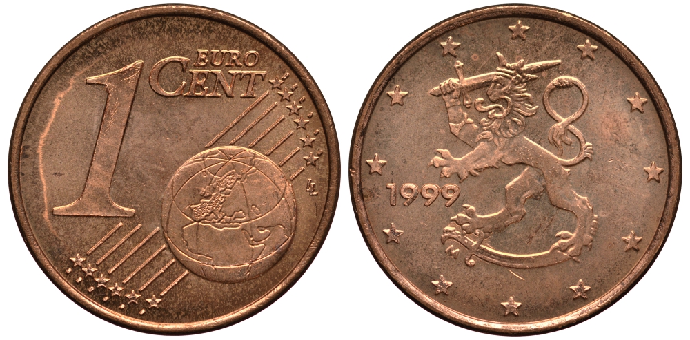 Финляндия 1 евроцент 1999 KM 98 сталь плакированная медью XF-UNC 4181-162