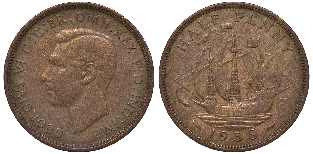 Великобритания 1/2 пенни 1938 Георг VI (1936-1952) KM 844, Spink 4115 бронза 4122-747