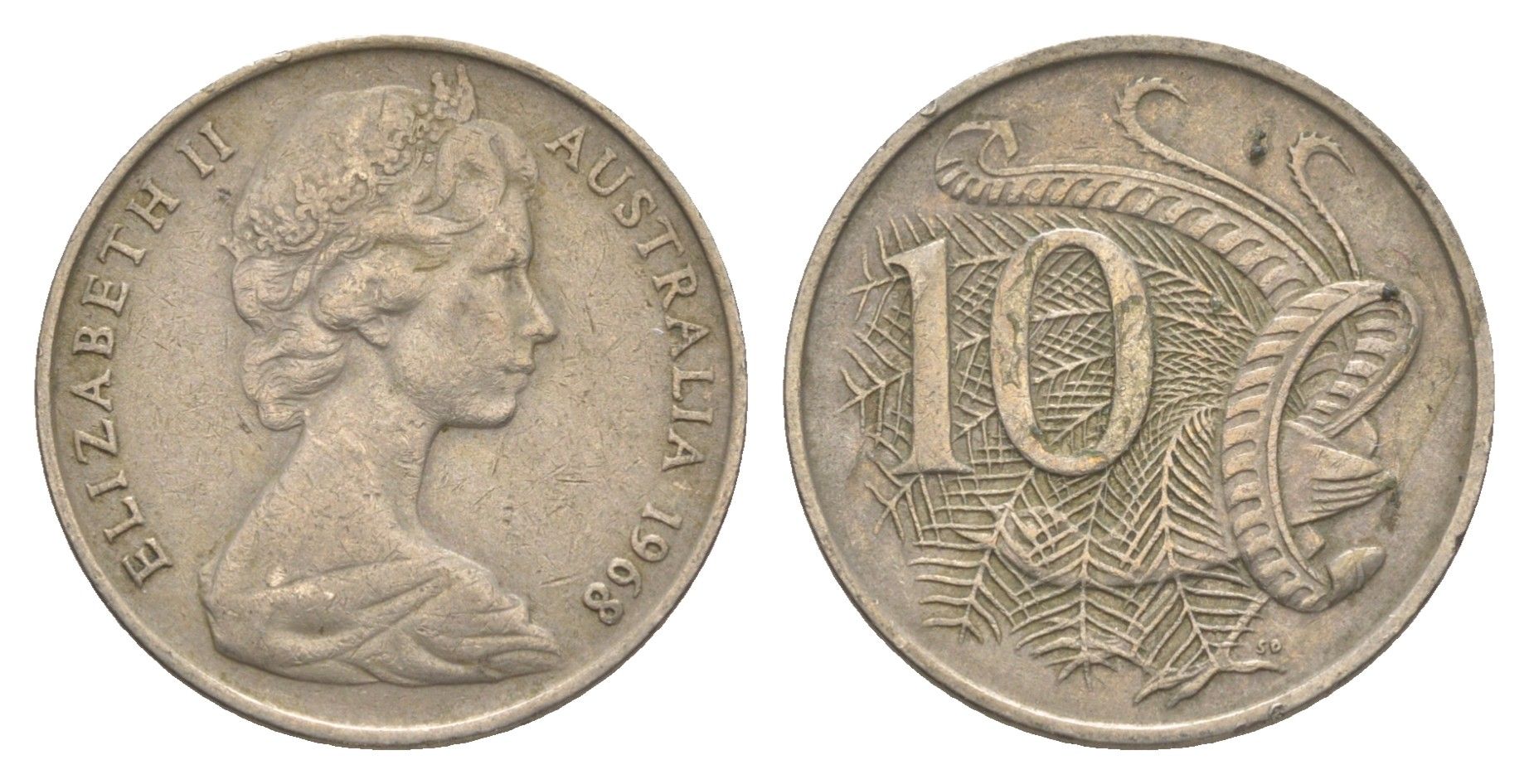 Австралия 10 центов 1968 Елизавета II (1952-2022), птица лирахвост KM 65 медно-никель 4364-4511