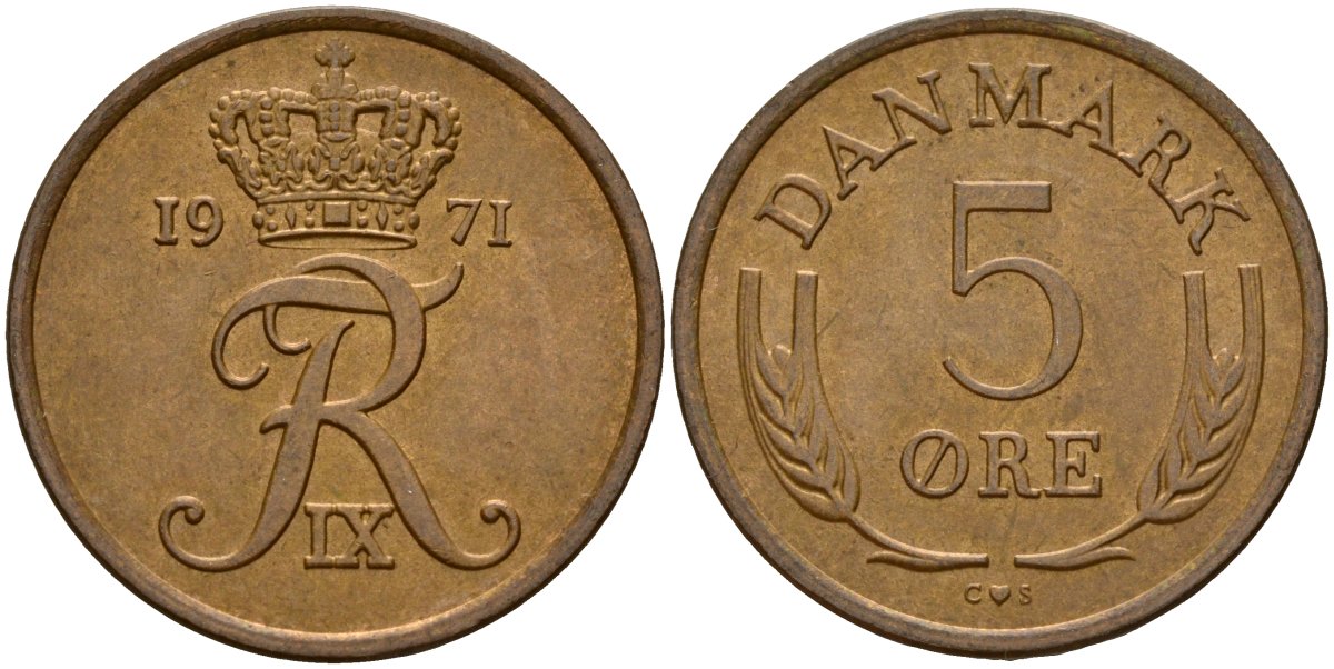 Дания 5 эре 1971 C; S, Фредерик IX (1947-1972) KM 848 бронза 4187-1147