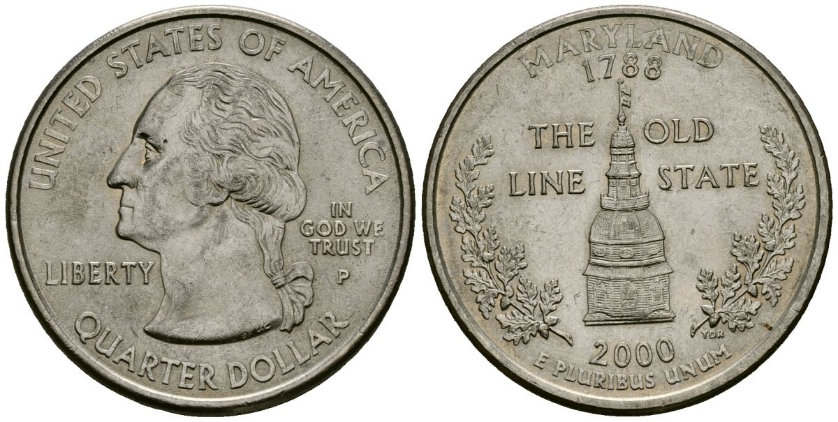 США 25 центов = квотер 2000 Р, серия штаты США, Мэриленд KM 306 медь плакированная медно-никелем 4135-456
