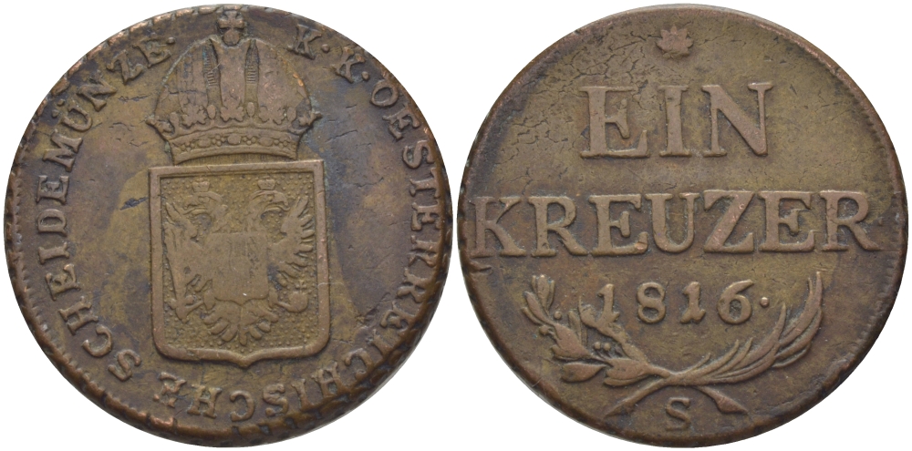 АВСТРИЯ 1 КРЕЙЦЕР 1816 S, ФРАНЦ II (1792-1835) KM 2113 медь 80-136