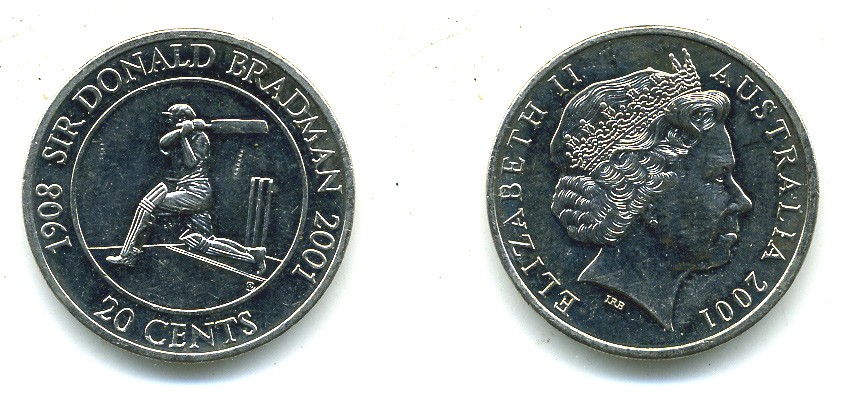 Австралия 20 центов 2001 крикет, сэр Дональд Брэдман KM 589 медно-никель UNC 00-00