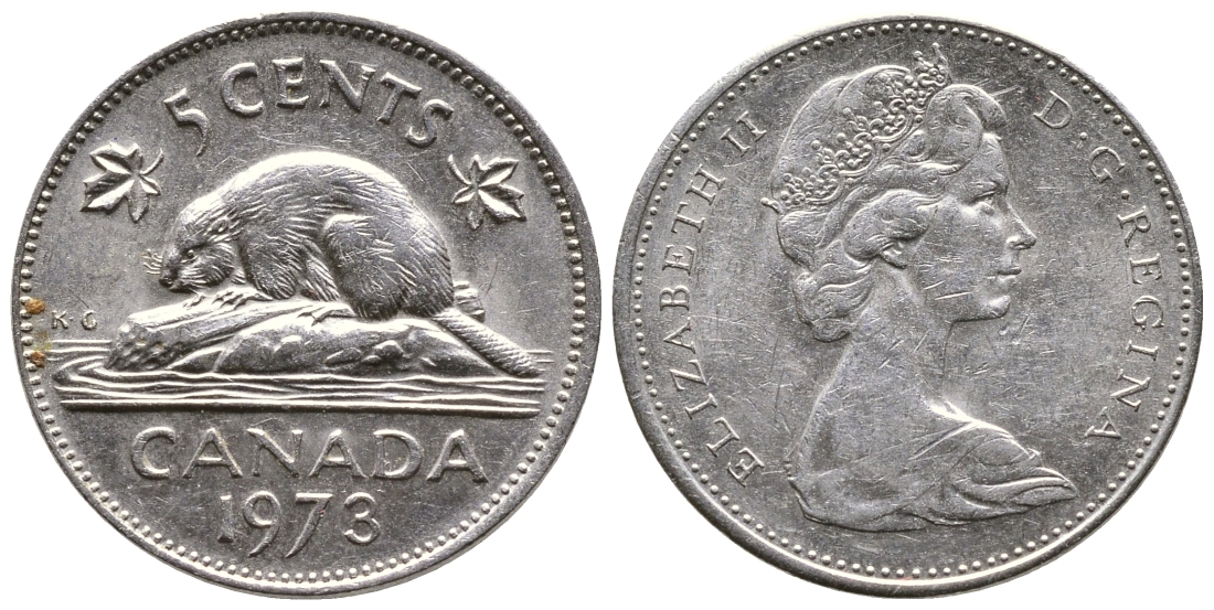 Канада 5 центов 1973 бобр, Елизавета II (1952-) KM 60.1 никель 4364-2422