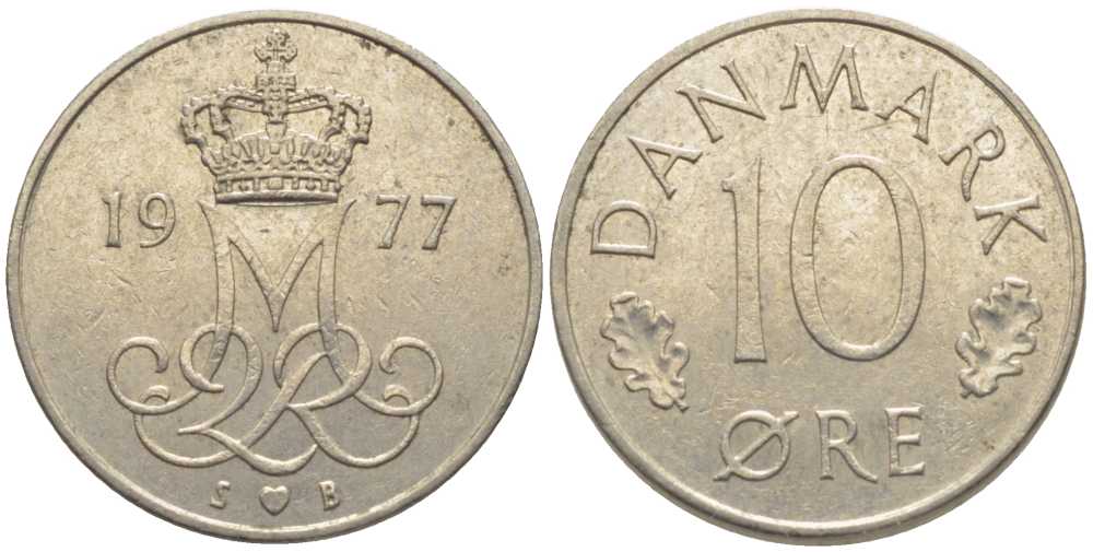 ДАНИЯ 10 ЭРЕ 1977 S; B, МАРГРЕТЕ II (1972-) KM 860.1 медно-никель 116-245