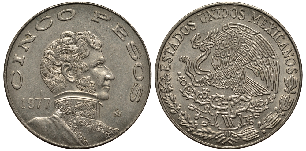 МЕКСИКА 5 ПЕСО 1977 ВИСЕНТЕ ГЕРРЕРО KM 472 медно-никель VF+ 118-1024
