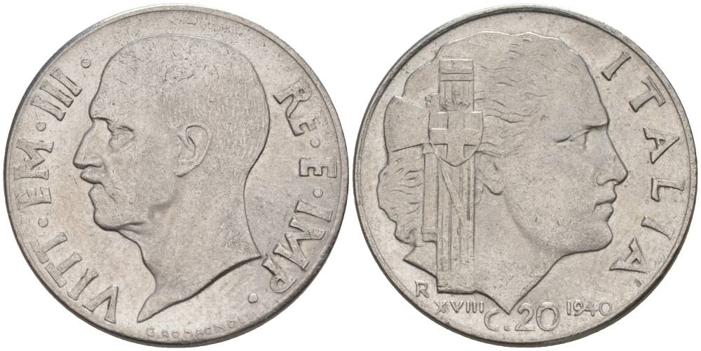 ИТАЛИЯ 20 ЧЕНТЕЗИМО 1940 R, ГОД XVIII, ВИКТОР ЭММАНУИЛ III (1900-1946), МАГНИТНАЯ, ГУРТ РИФЛЁНЫЙ KM 75b, VEM3. 1025 нержавеющая сталь 3853-454