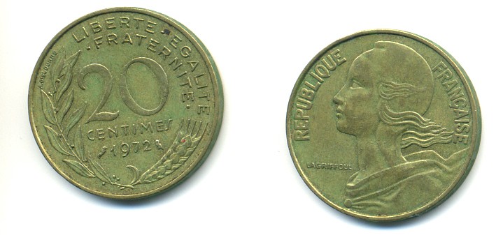ФРАНЦИЯ 20 САНТИМОВ 1972 KM 930 медь алюминий никель 25-117