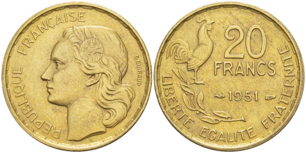 ФРАНЦИЯ 20 ФРАНКОВ 1951 ПЕТУХ, 4 ПЕРА KM 917.1, LE FRANC 402.7 алюминиевая бронза 4519-847