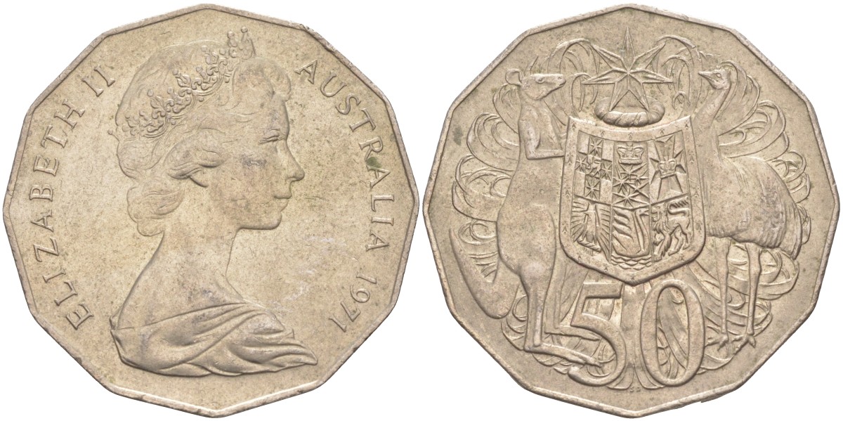 Австралия 50 центов 1971 Елизавета II (1952-2022), герб Австралии, кенгуру KM 68 медно-никель 4512-712