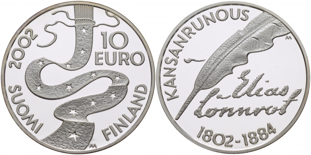 Финляндия 10 евро 2002 Элиас Леннрот, лингвист, сертификат KM 108 серебро PROOF 11-148-43
