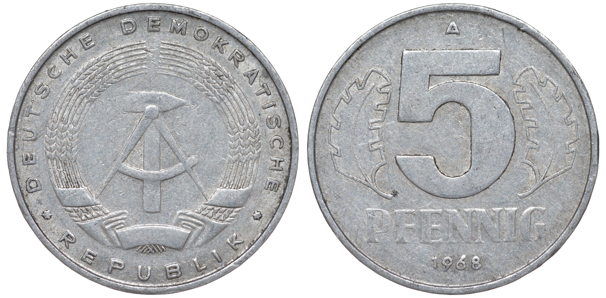 ГДР 5 пфеннигов 1968 A KM 9.1 алюминий 62-143