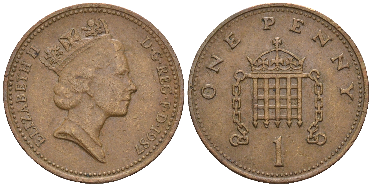 Великобритания 1 пенни 1987 Елизавета II (1952-2022) КМ 935, Spink 4381 (B3) бронза 4609-521