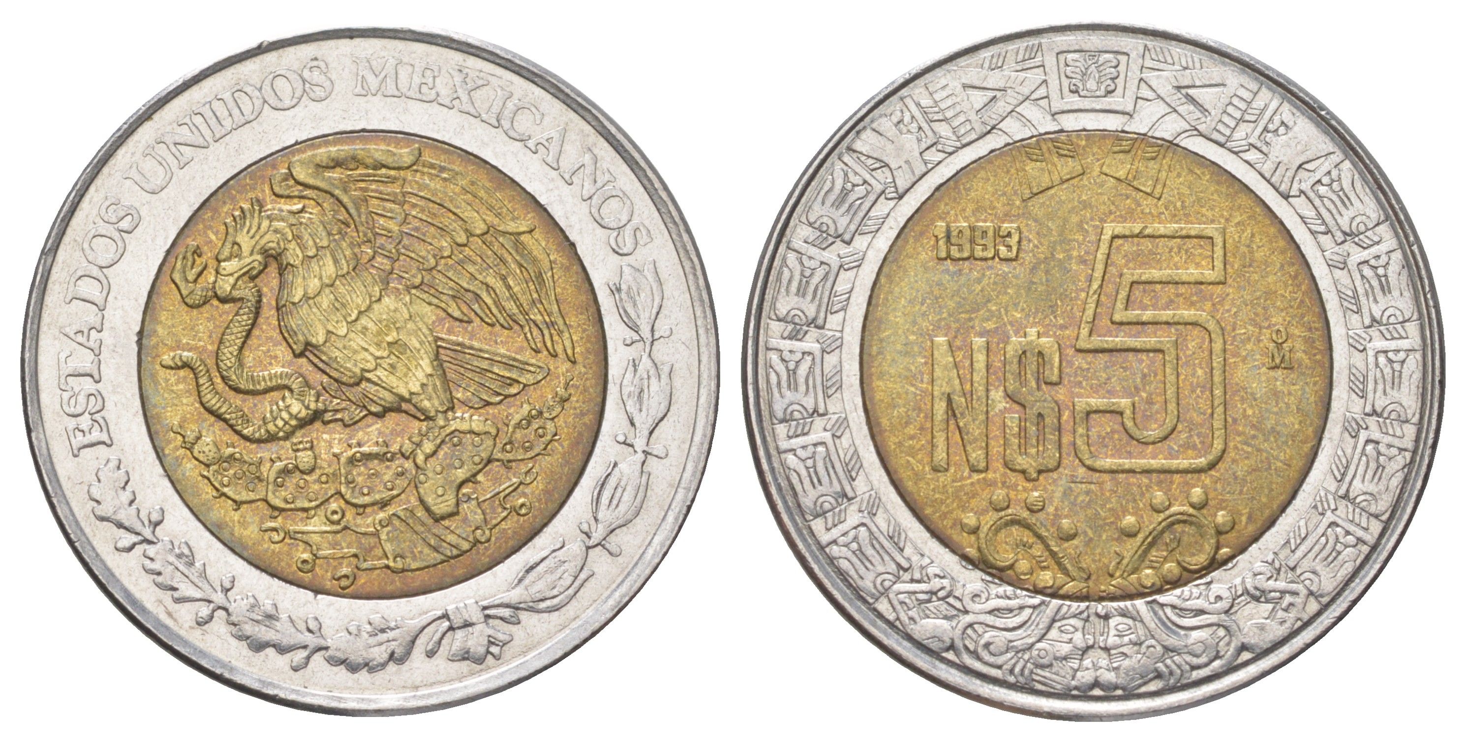 Мексика 5 новых песо 1993 KM 552 биметалл UNC 4622-1233