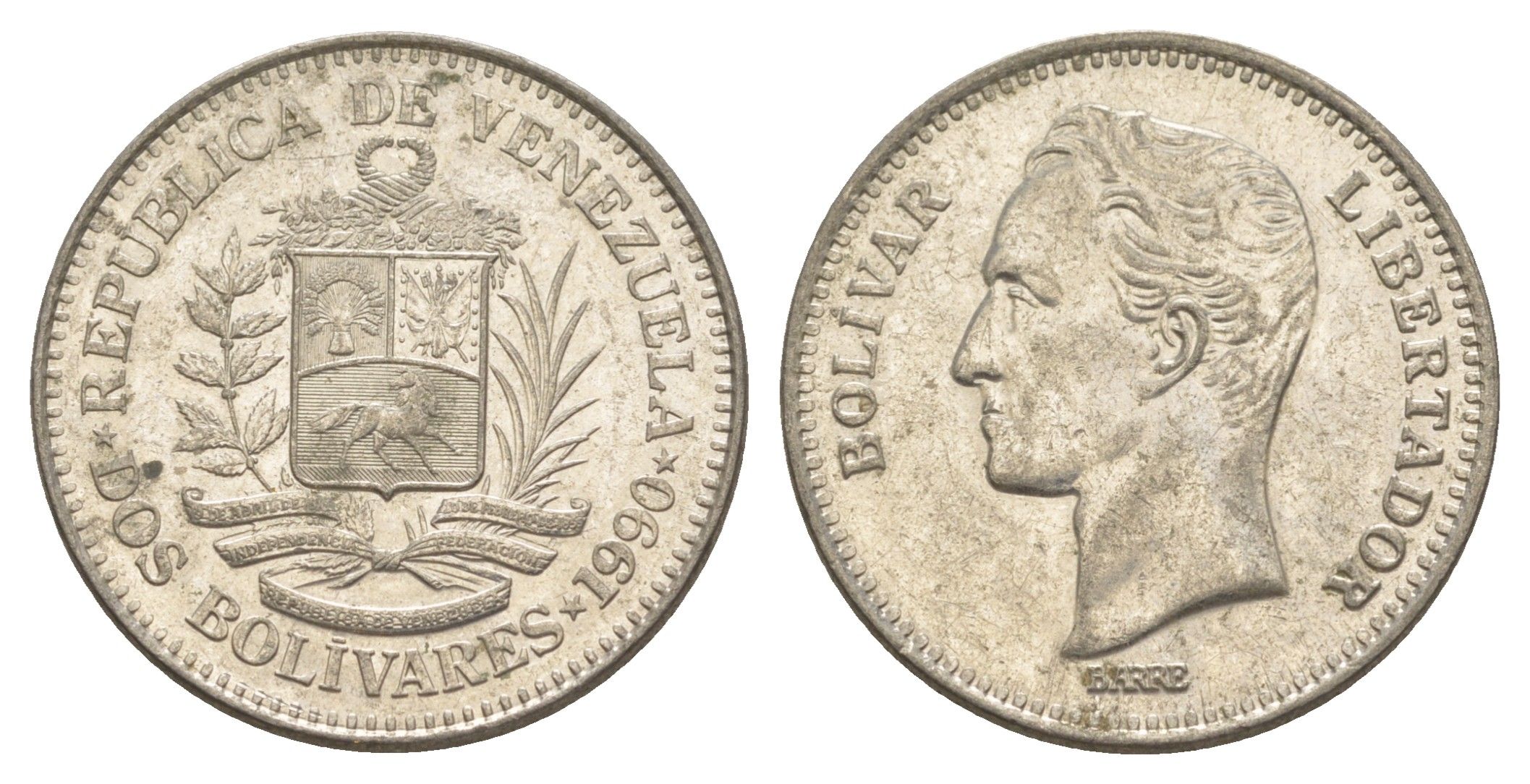 Венесуэла 2 боливара 1990 Симон Боливар Y 43a сталь плакированная никелем 4583-532