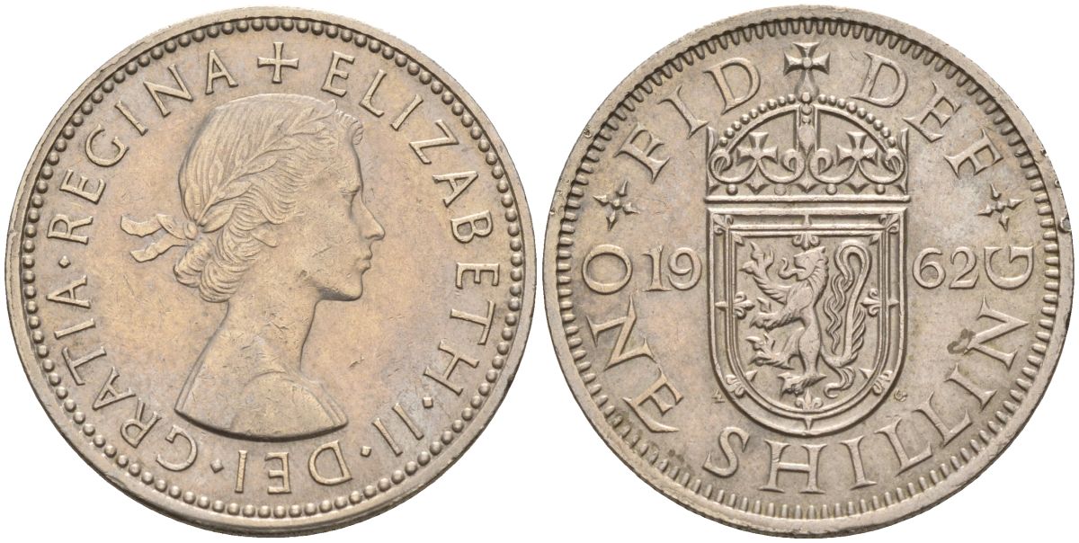 Великобритания 1 шиллинг 1962 Елизавета II (1952-2022), Шотландский герб KM 905, Spink 4148 медно-никель 4153-934