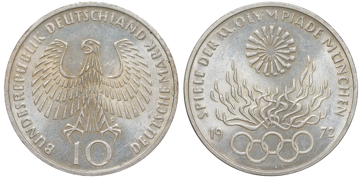 ФРГ 10 марок 1972 F, XX летние Олимпийские игры 1972 года в Мюнхене, олимпийский огонь KM 135, J.405 серебро aUNC 4178-811
