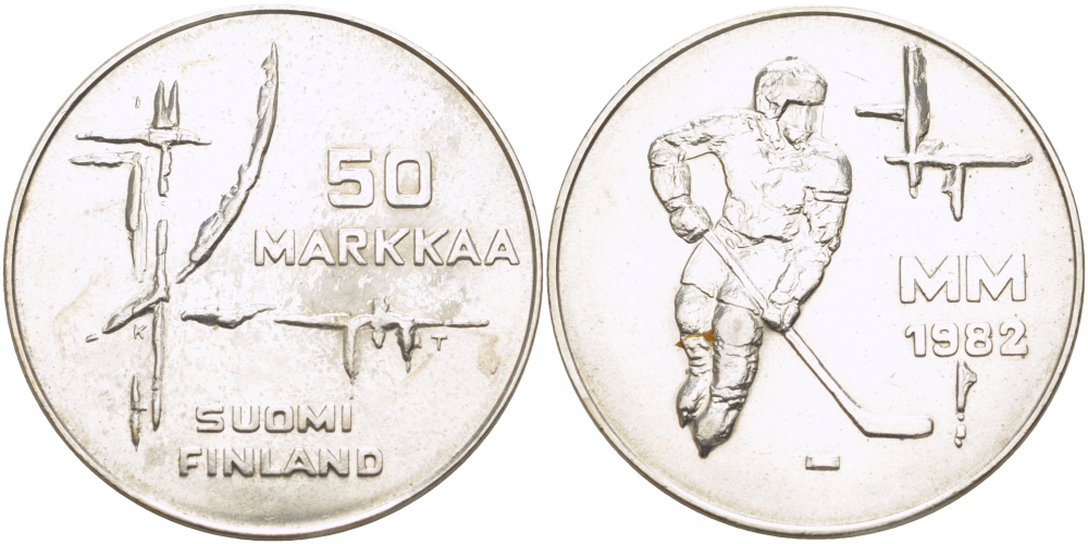 Финляндия 50 марок 1982 K-T, чемпионат мира по хоккею KM 60 серебро UNC 1515-1314