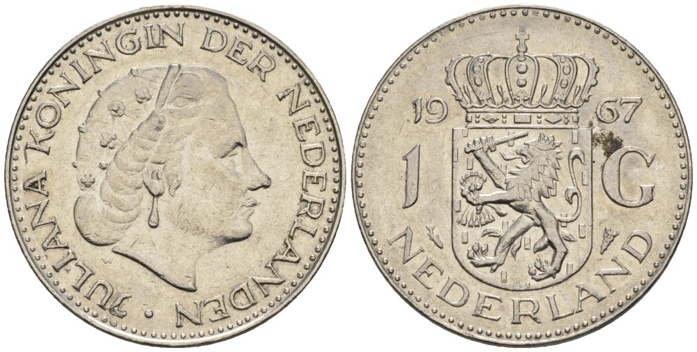 Нидерланды 1 гульден 1967 Юлиана (1948-1980) KM 184a никель 4579-454