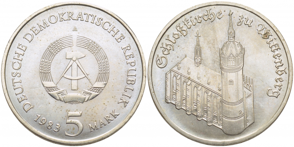 ГДР 5 марок 1983 A, замковая церковь в Виттенберге, дом Мартина Лютера KM 89 медно-никель aUNC 272-1125
