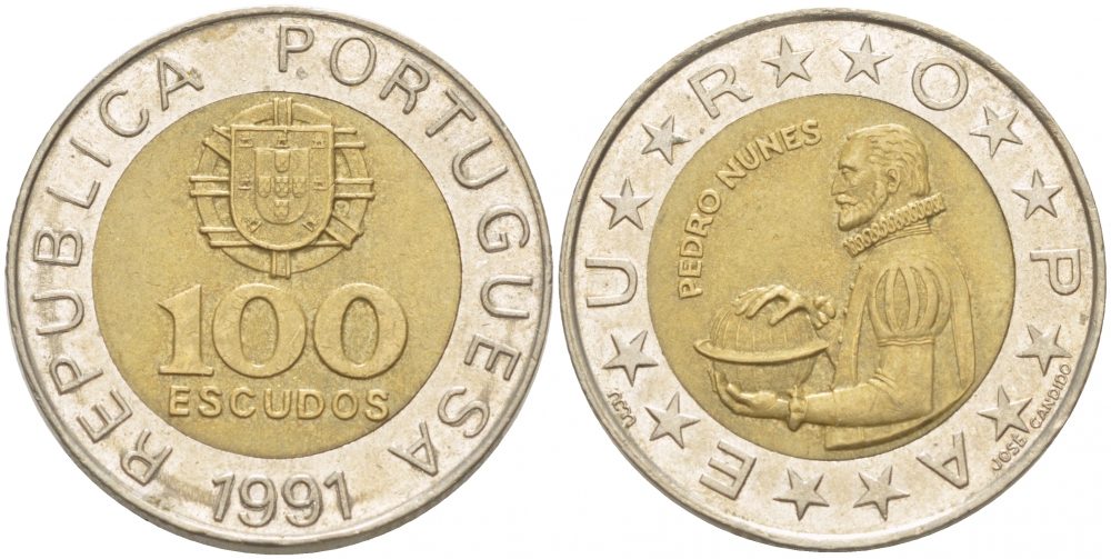 Португалия 100 эскудо 1991 Педру Нуниш (1502-1578), математик KM 645.1 биметалл 77-544