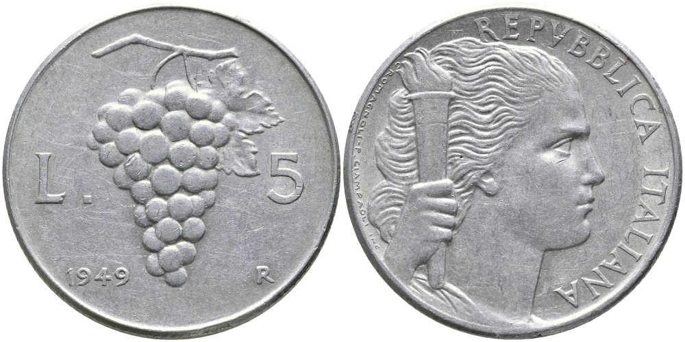 ИТАЛИЯ 5 ЛИР 1949 R, ВИНОГРАД KM 89 алюминий 89-443