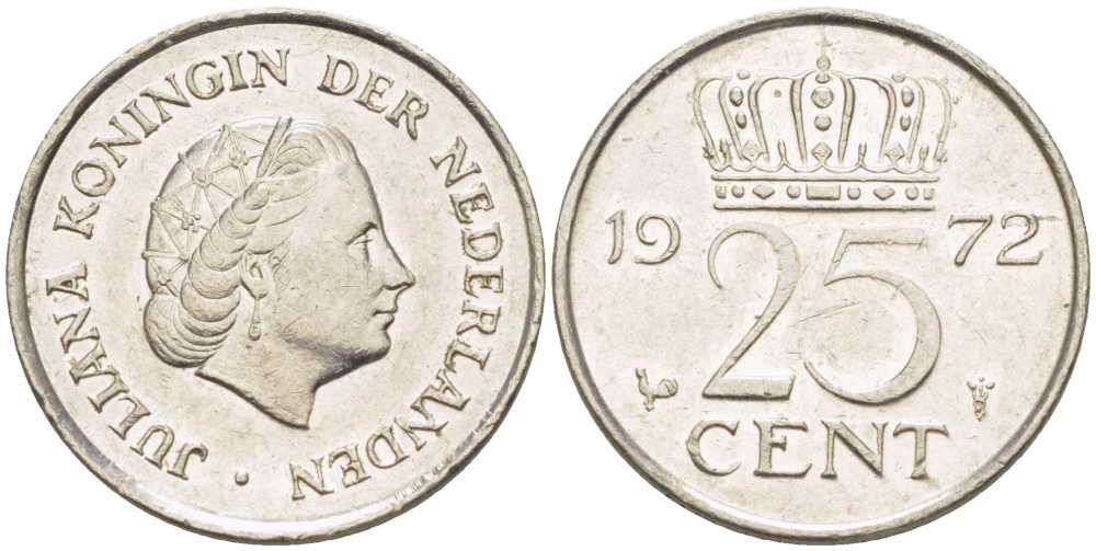 Нидерланды 25 центов 1972 Юлиана (1948-1980) KM 183 никель 214-962