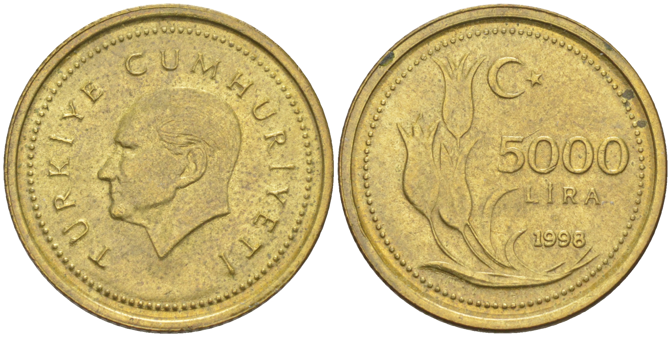 Турция 5000 лир 1998 Мустафа Кемаль Ататюрк KM 1029.1 латунь UNC 187-964