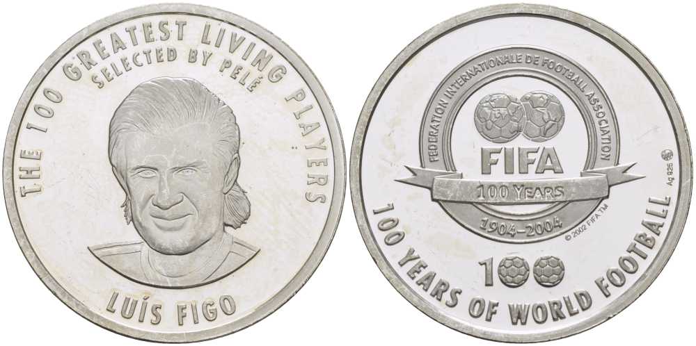 Нидерланды медаль 2004 100 лет FIFA, футбол, Луиш Фигу, диаметр 30 мм., вес 10 гр. серебро PROOF 1076-6-25