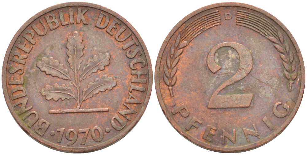 ФРГ 2 ПФЕННИГА 1970 D KM 106а, J.381а сталь плакированная сталь плакированная медьюю 66-745