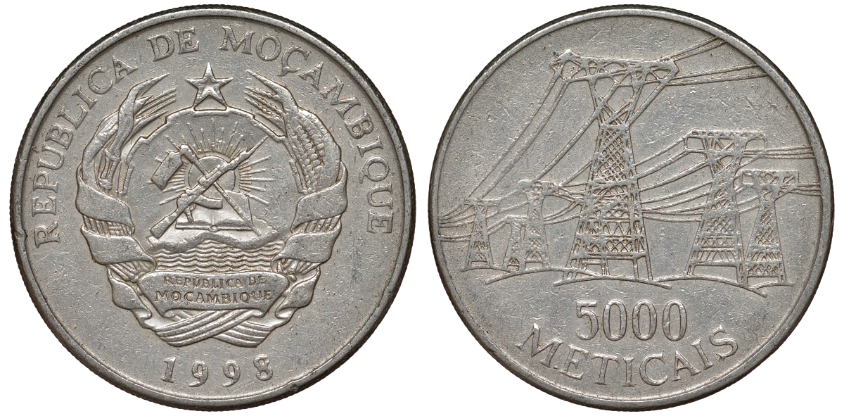 Мозамбик 5000 метикалей 1998 ЛЭП KM 124 никелированная сталь 4162-541