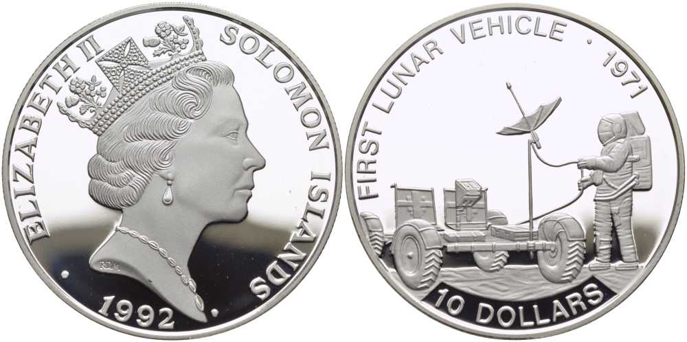 Соломоновы острова 10 долларов 1992 первый лунный автомобиль (луноход) 1971, астронавт KM 40 серебро PROOF 1078-7-21