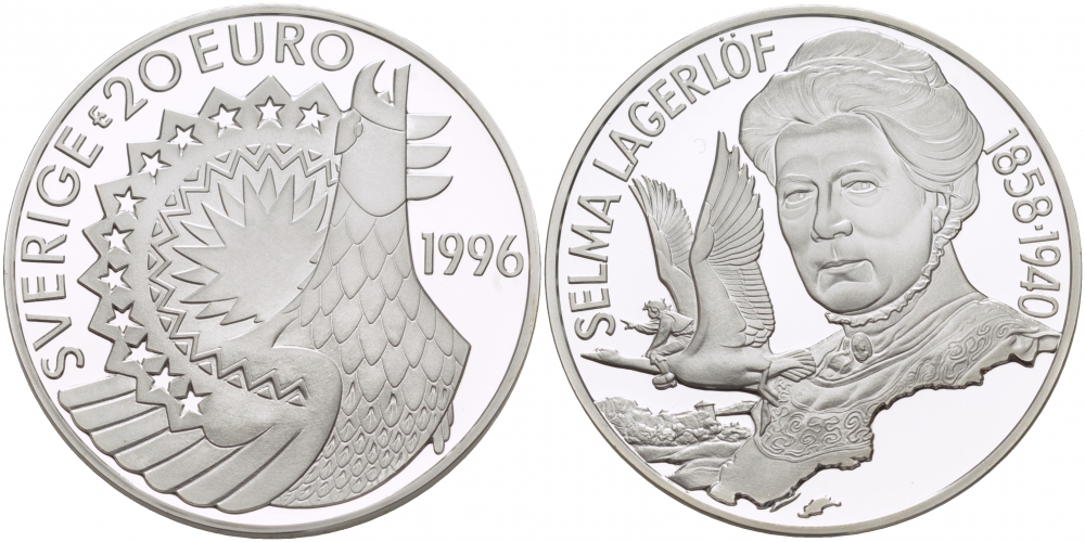Швеция 20 евро 1996 Карл XVI Густав (1973- ), шведская писательница Сельма Лагерлеф (1858-1940) серебро PROOF 1068-3-44