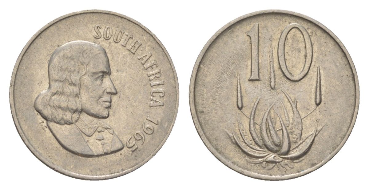 ЮАР 10 центов 1965 Ян ван Рибек (1619-1677), South Africa, легенда на африкаанс, цветок алоэ KM 68.1 никель 4627-217