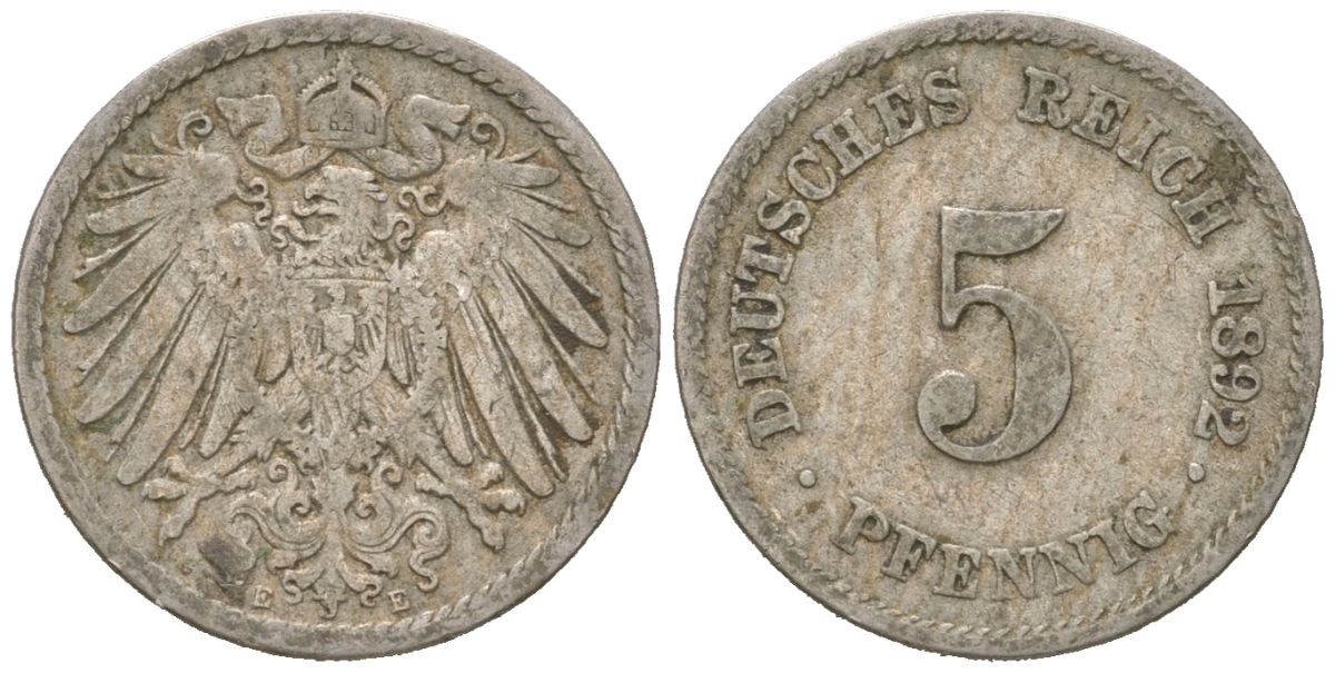 Германия 5 пфеннигов 1892 E, Вильгельм II (1888-1918) KM 11, J. 12 медно-никель 4615-727